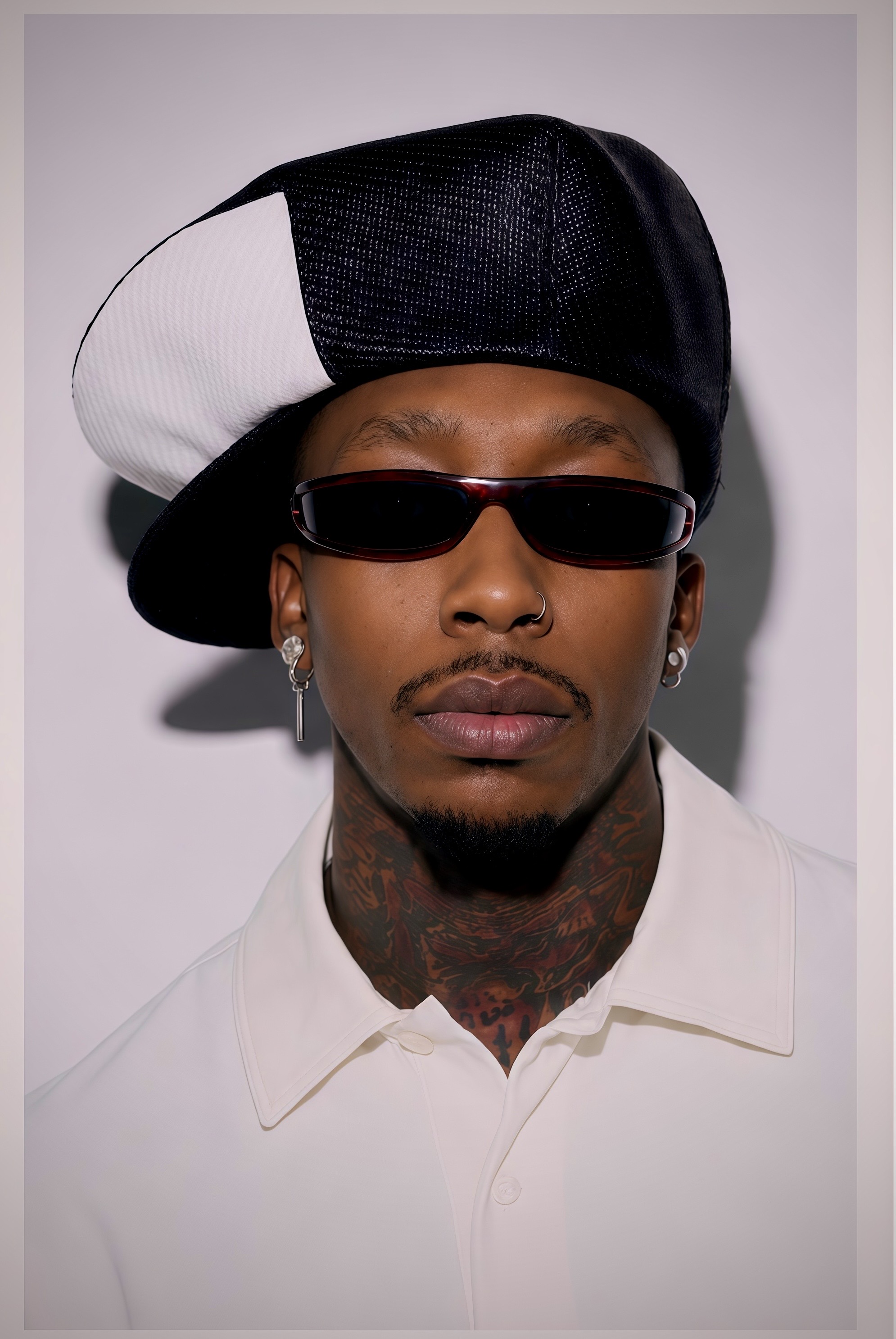 Portrait of Claudio Conde wearing a white shirt, sideways cap and sunglasses