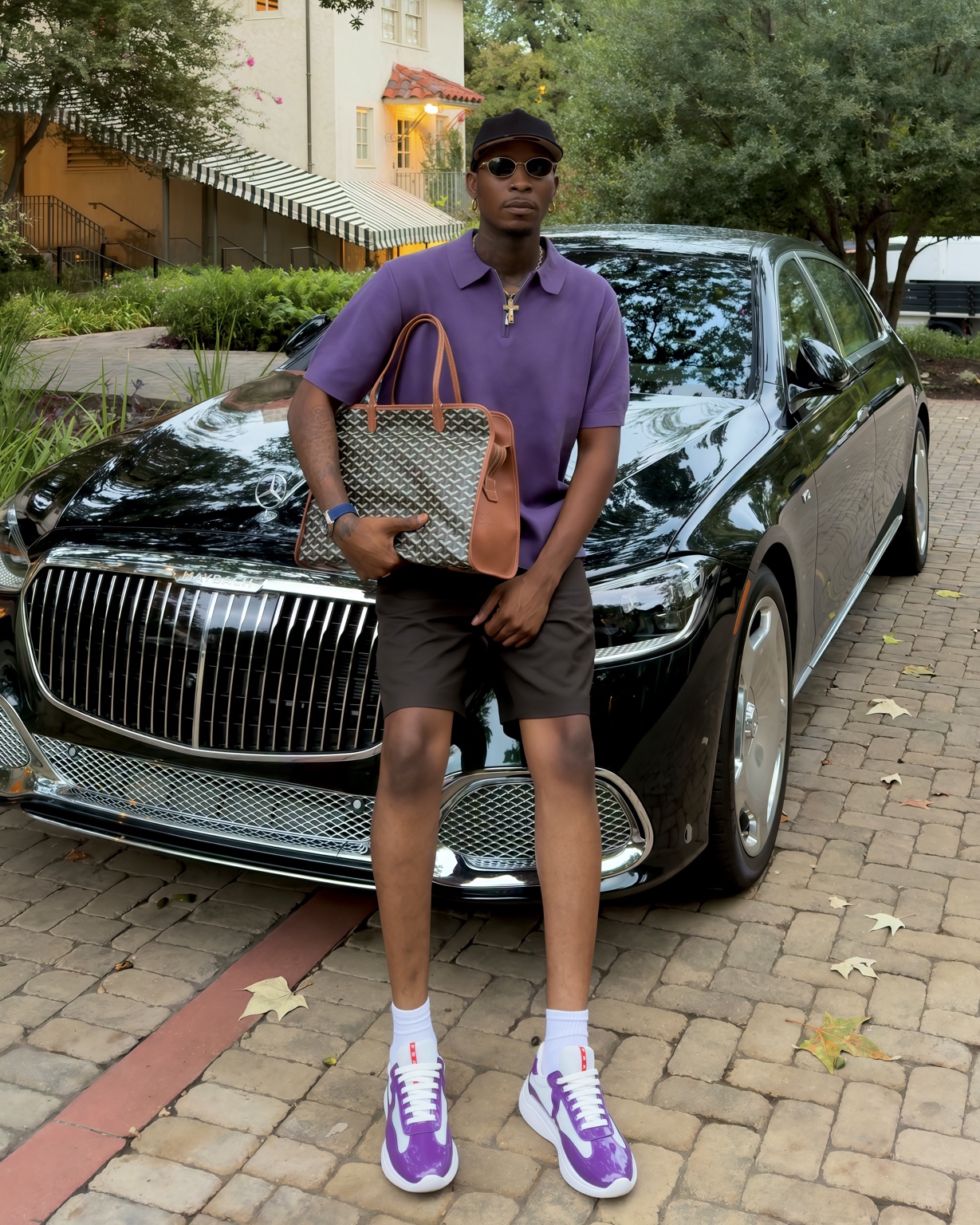 Claudio Conde wearing a purple polo and carrying a tote beside a Maybach