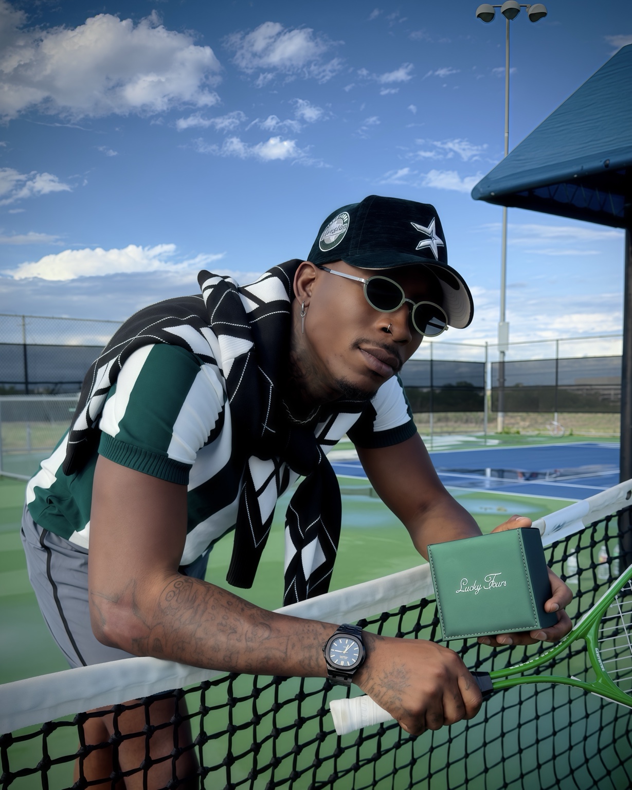 Claudio Conde on a tennis court in a Lucky Fours collaboration