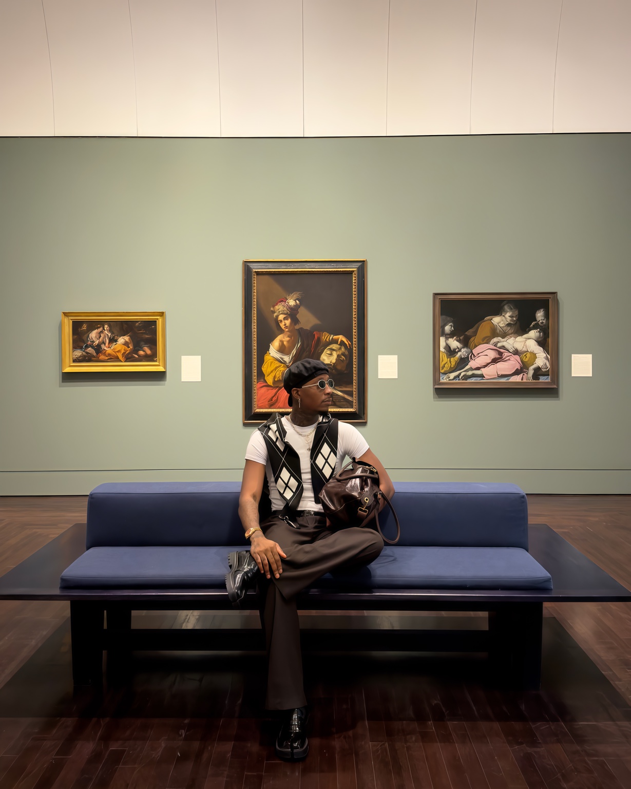 Claudio Conde seated in an art museum wearing a patterned vest and tailored trousers